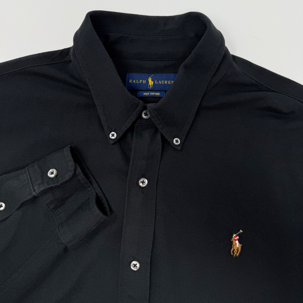 Ralph Lauren Mens XL Black Knit Oxford Long Sleeve Button Down Pique Shirt